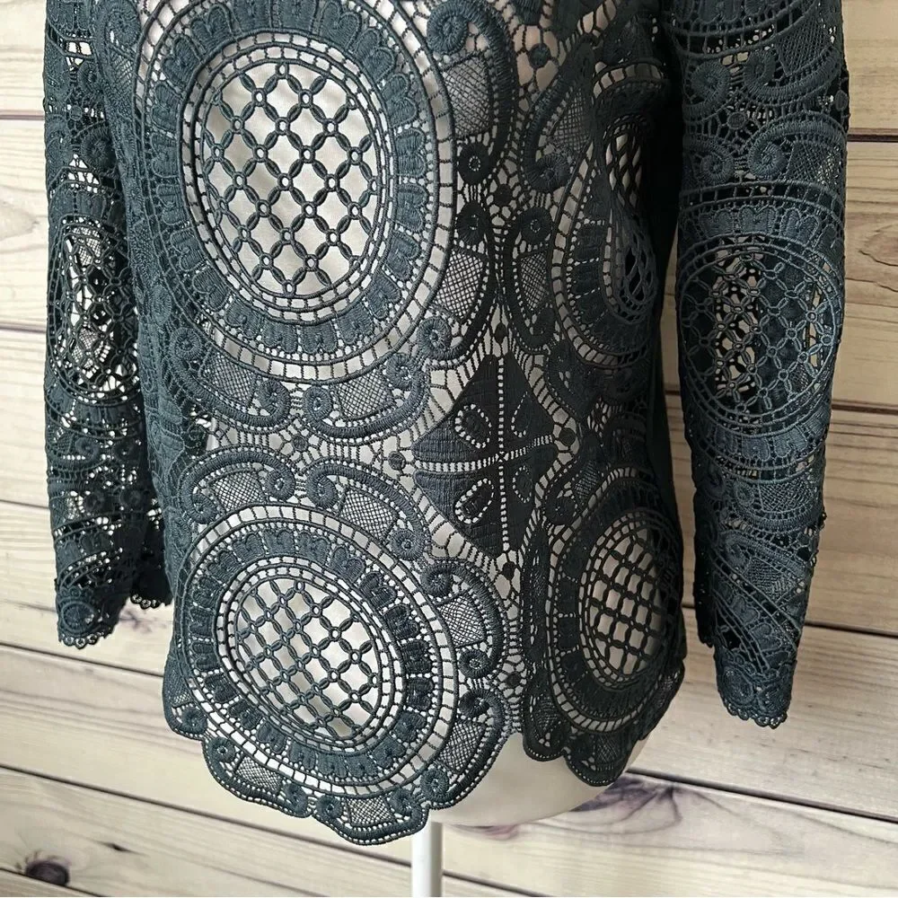 James Coviello Anthropologie Green Teal Crochet Lace Blouse